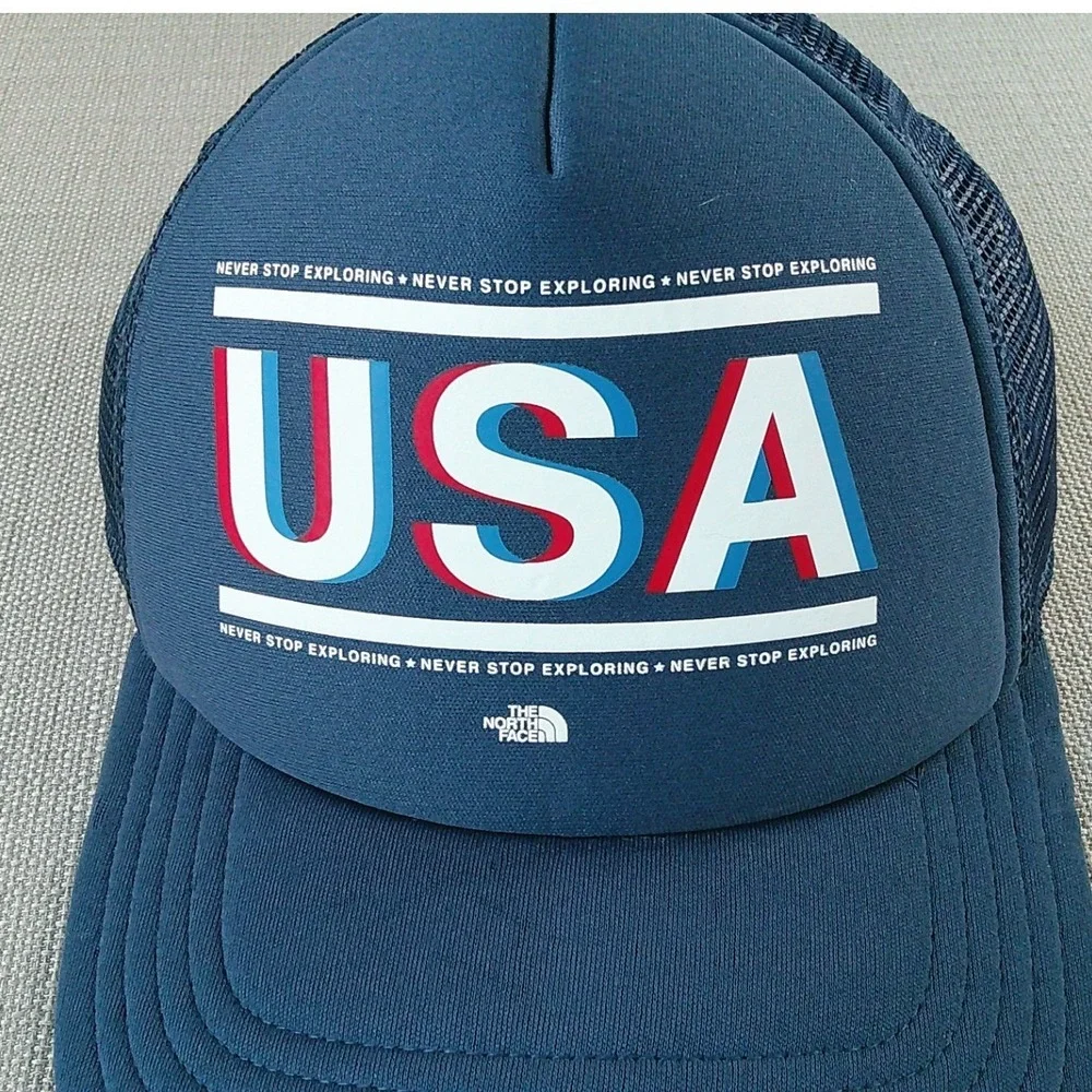 The North Face Trucker Hat Unisex OS Navy USA Graphic Snapback Mesh Cap